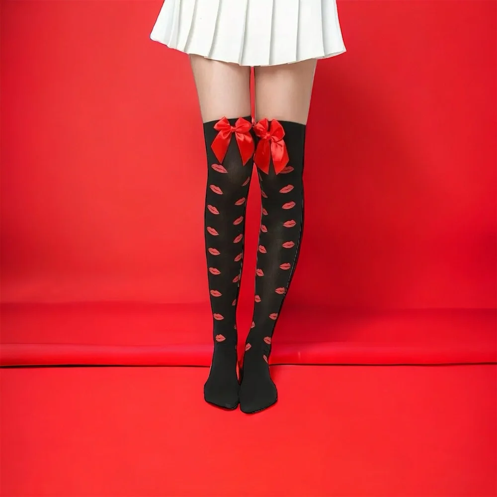 Lips Kiss Mesh Thigh High Stockings Bow Decor Valentines Day Over The Knee Socks